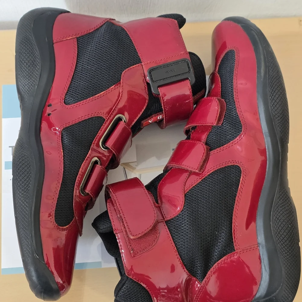 Prada Red and Black High-Top Sneakers with Velcro Straps - Picture 3 of 8